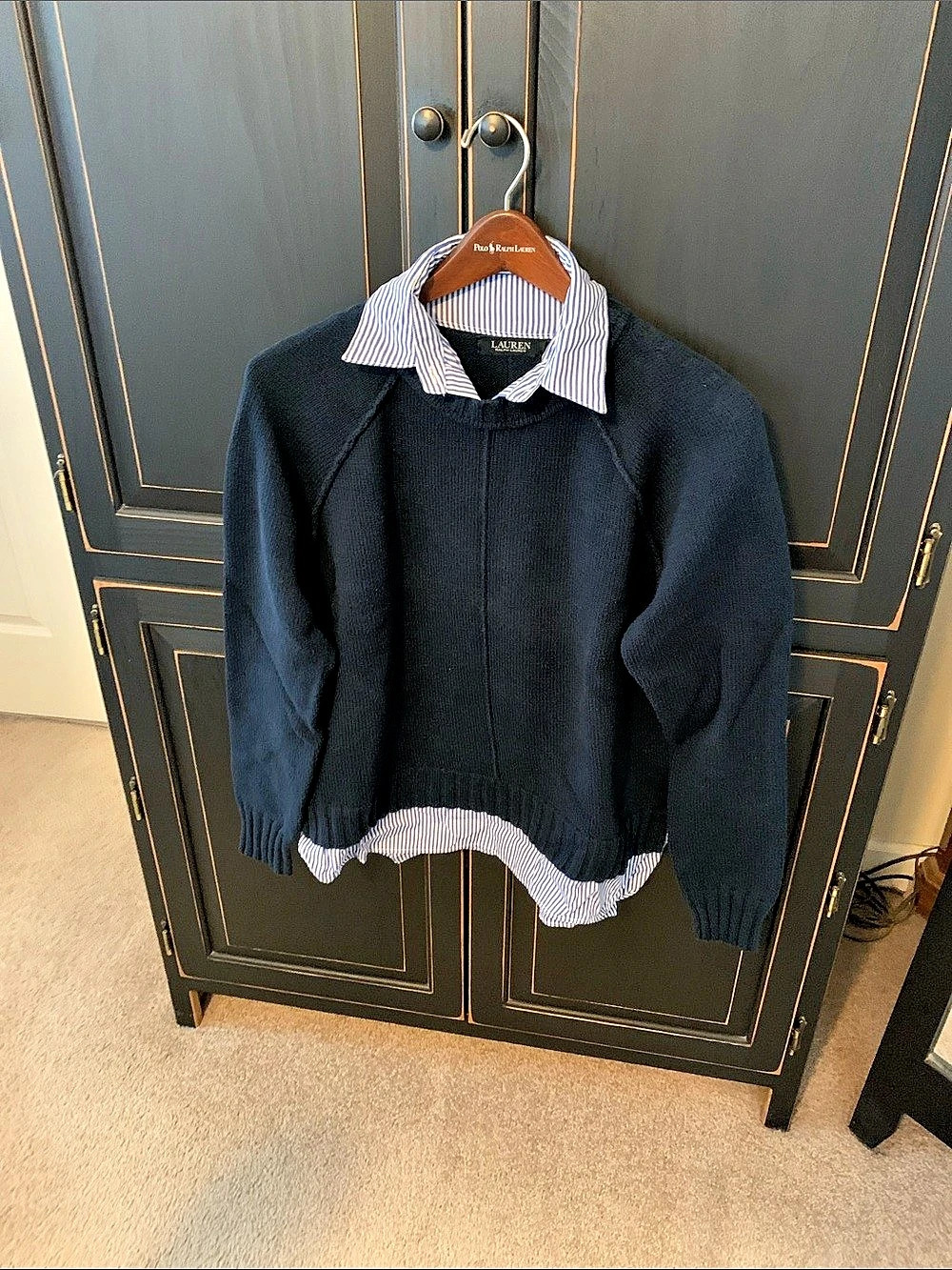 Lauren Ralph Lauren Layered Button-Trim Cotton Sweater Blue & White
